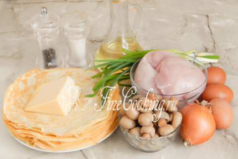 Блинные мешочки с курицей и грибами. Шаг 1