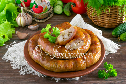 Готовое блюдо: Домашняя колбаса из курицы в кишке